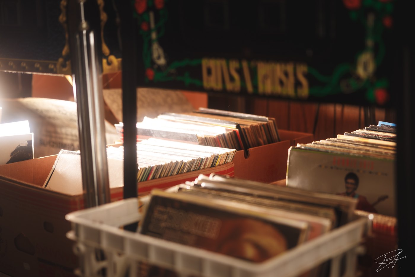 A collection of records in boxes and crates